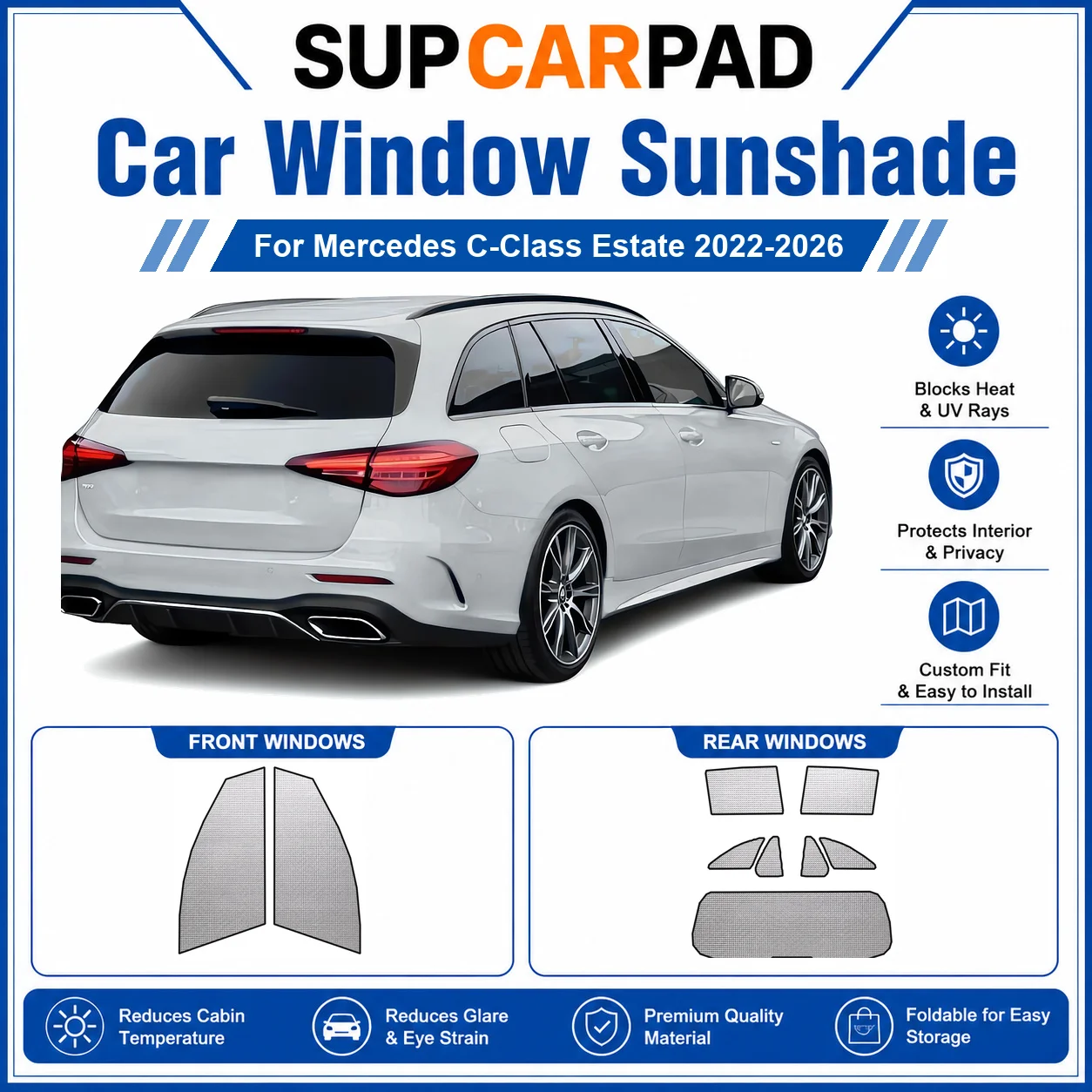 Pour Mercedes - Mercedes Classe C Break 2022-2026 - Ensemble complet de pare-soleil pour vitres de voiture - Protection UV - Isolation thermique - Rideaux de voiture pliables