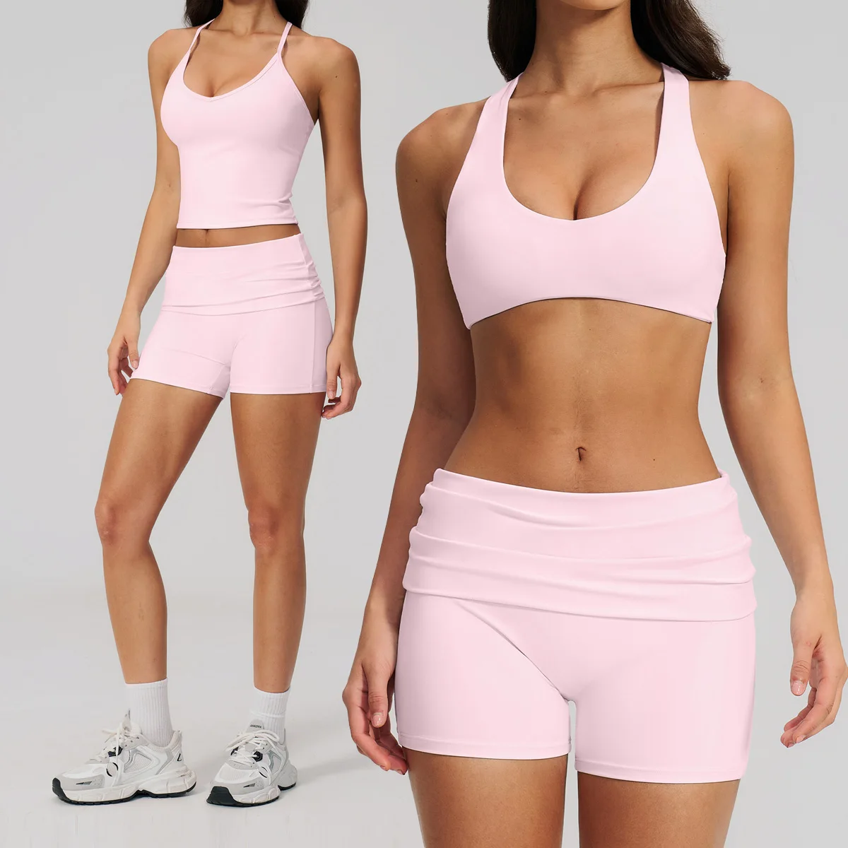 Nouvel ensemble de yoga 2 pièces pour femme : short de sport, survêtement, tenue d'entraînement, ensemble de sport rehausseur de hanches, soutien-gorge de sport, short de fitness, vêtements de sport