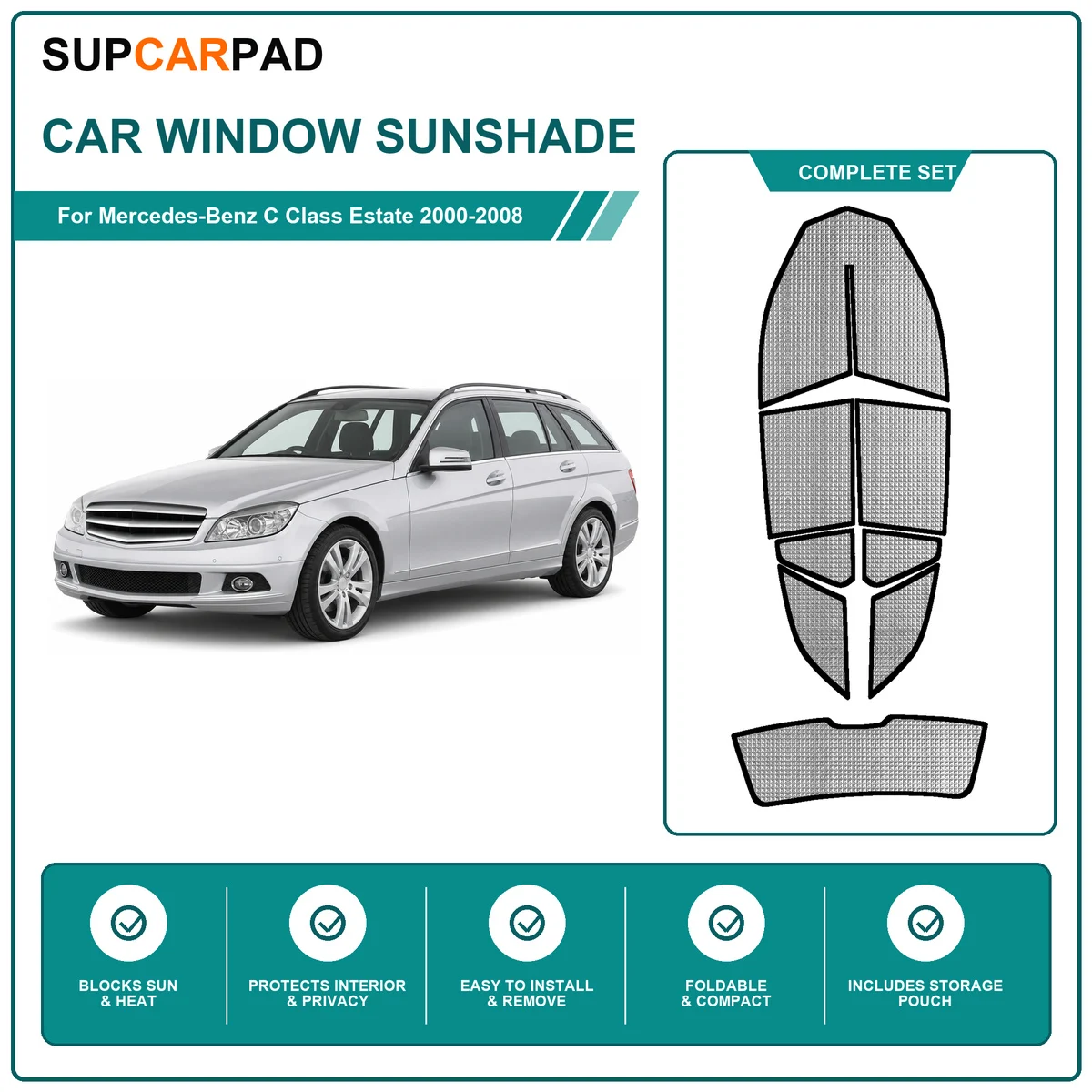 Pour Mercedes-Benz Classe C Break 2000-2008, ensemble complet de pare-soleil pour vitres de voiture, protection UV, intimité, isolation thermique, rideaux de voiture pliables