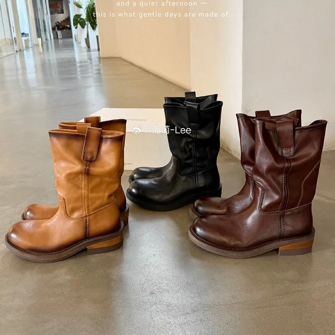 Damen Vintage Western Cowboy Stiefel, zum Überziehen, mittelhohe Stiefel, Blockabsatz, Kunstleder, Retro-Schuhe, Herbst- und Winterstiefel.