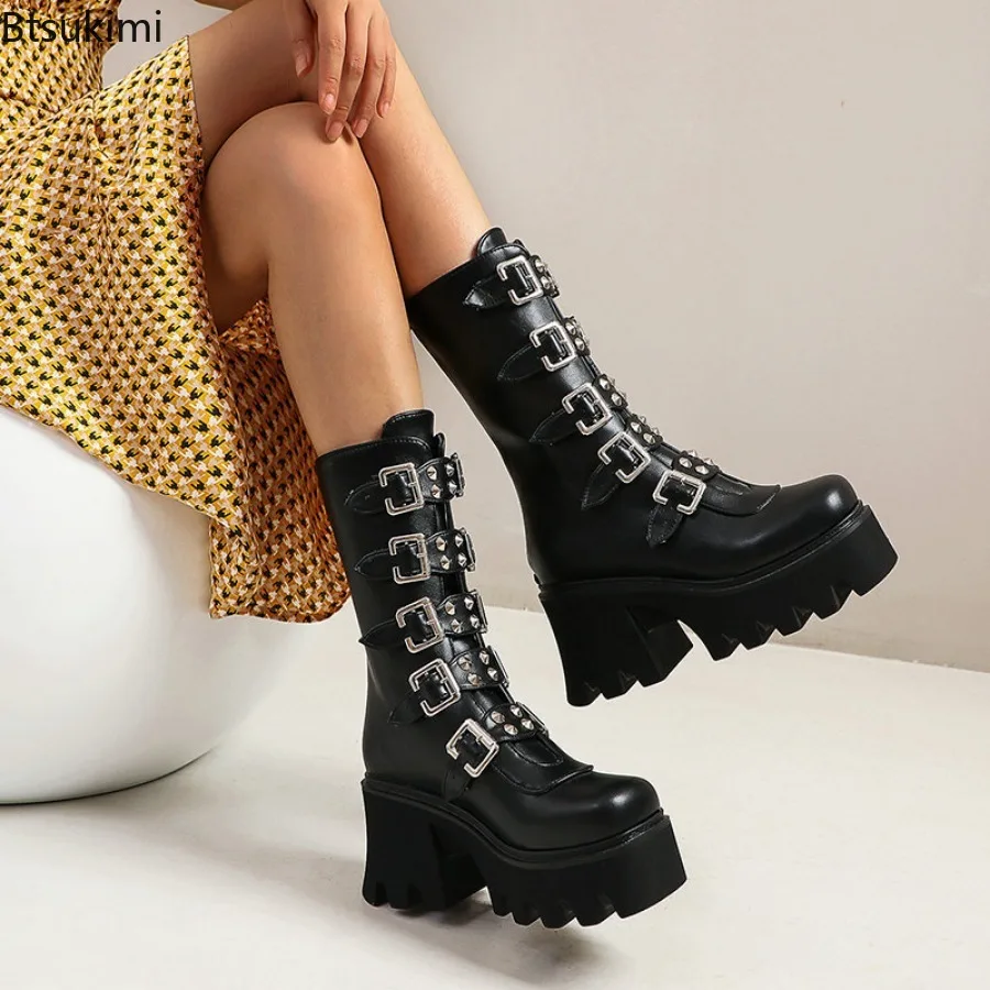 Herbst- und Winterstiefel für Damen, Cosplay-Hohe Stiefel, Komfortable Lange Lederstiefel mit Plateauabsatz, Gothic-Style Damenschuhe