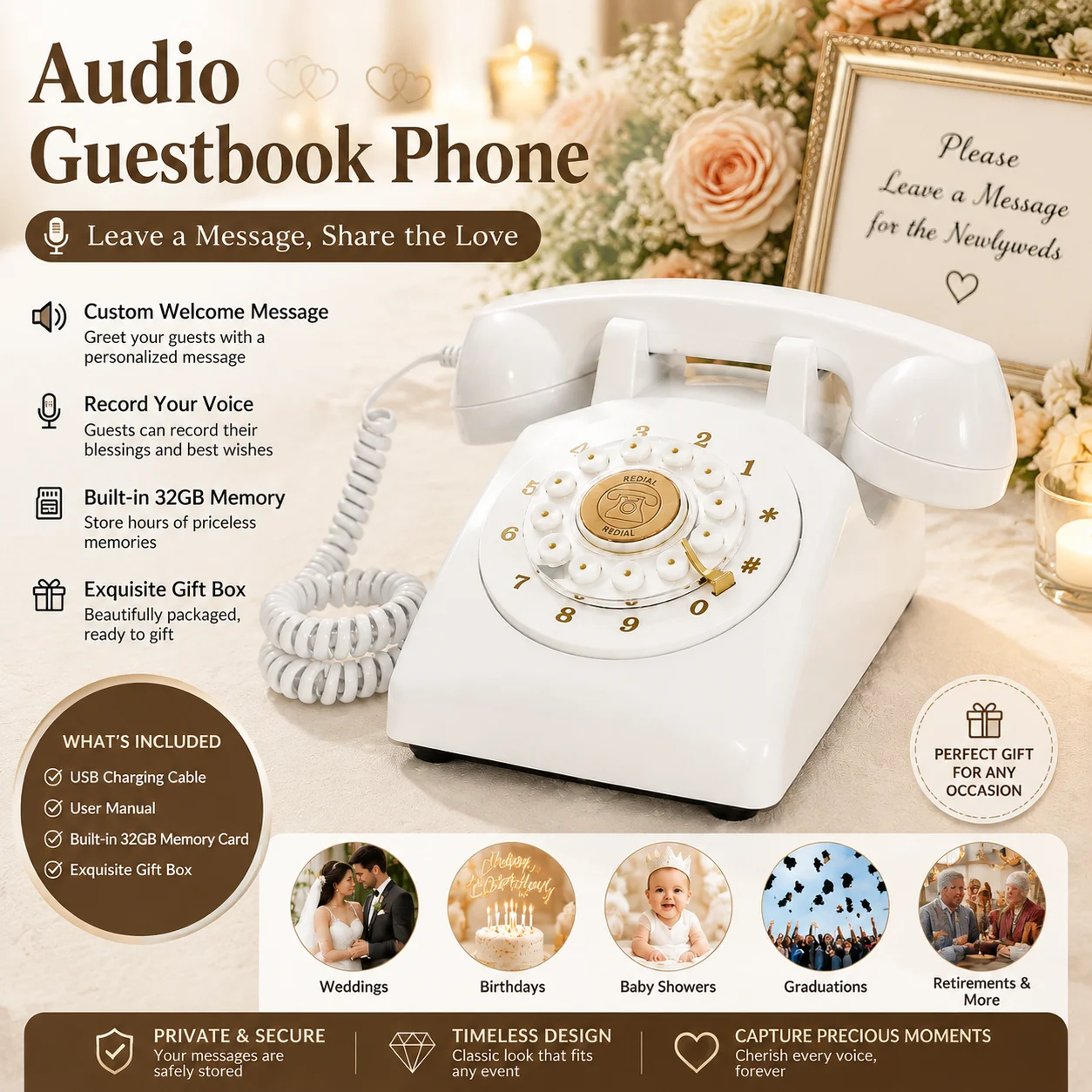 Audio Vintage Guestbook Telephone Wedding GuestBook Phone Voice Message Recorder Retro Phone Wedding Reception Party Gift 32GB