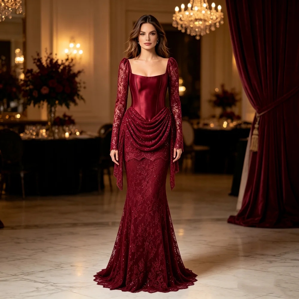 Customized Exquisite Square Neck Women's Evening Gowns Lace Temperament Mermaid Long Dresses Draped Party Gown