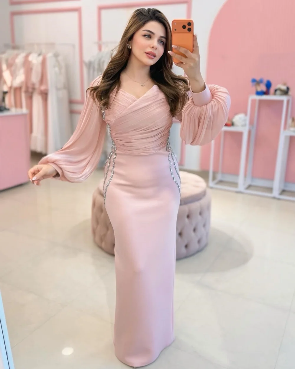 Customized Modern Style Women Jersey Sequined Rhinestone Straight Evening Dresses Elegant Retro V-neck Long Sleeves Prom Dresses