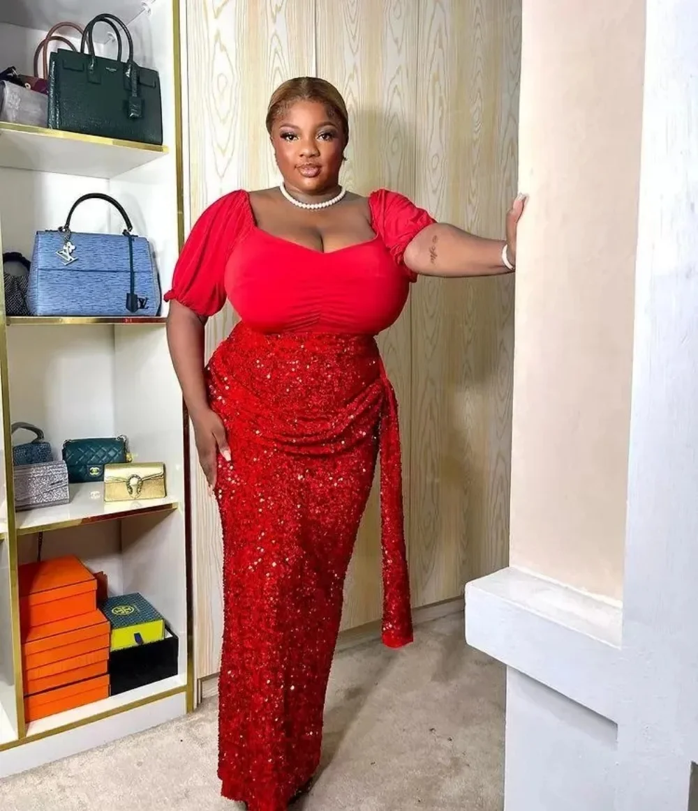 New Red Sparkly Sequin Formal Evening Dress Short Sleeve Custom Mermaid Cocktail Dress Prom Party Dress Robe de soirée Plus Size