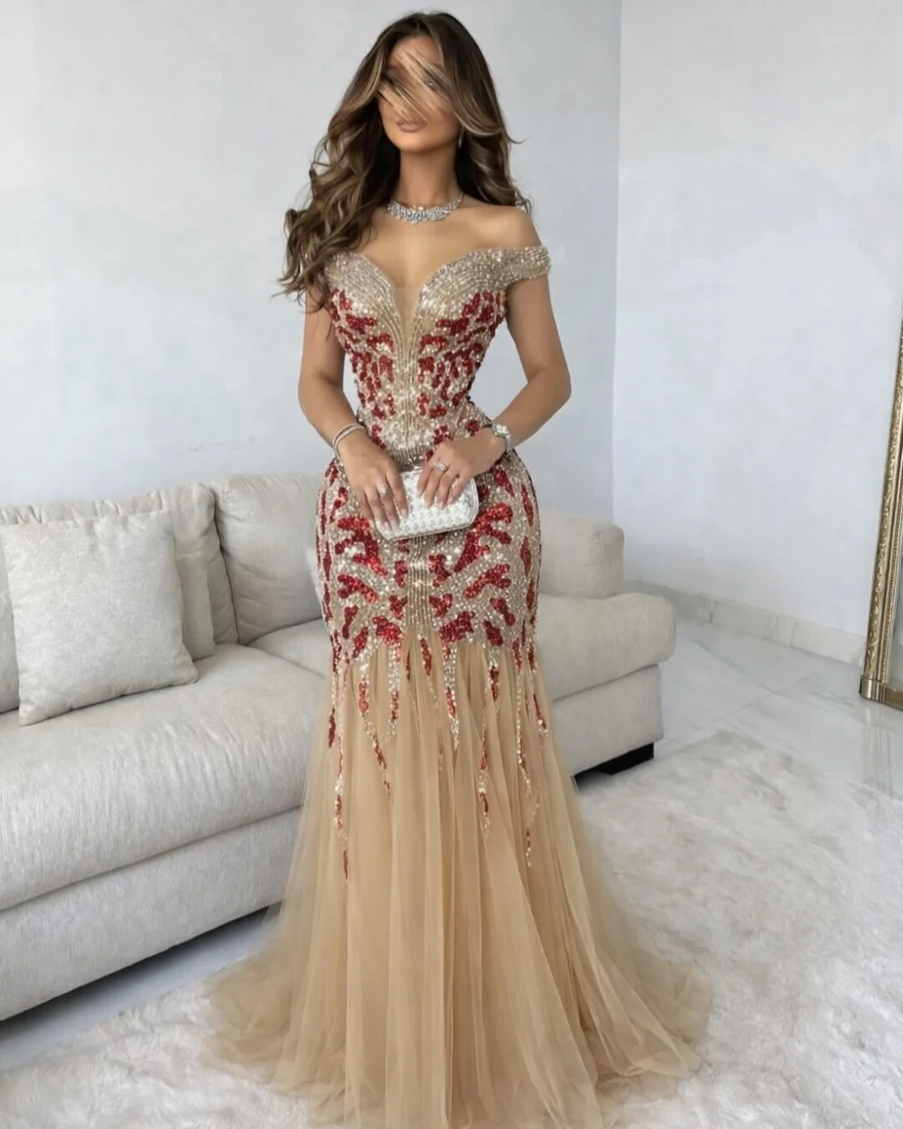 Customized Sparkle Women Tulle Sequined Ruched Mermaid Evening Dress Fashion Off-the-shoulder Sleeveless Floor Lenght Party Gown