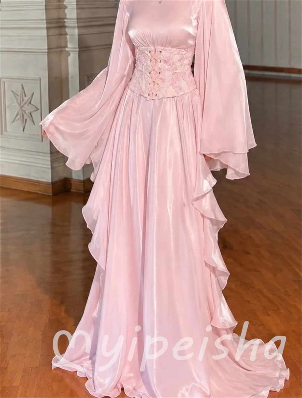 Pink Fashion High Quality Pleat Sash Beading Sequined Mermaid High Collar Floor-Length Evening Dresses Customized
