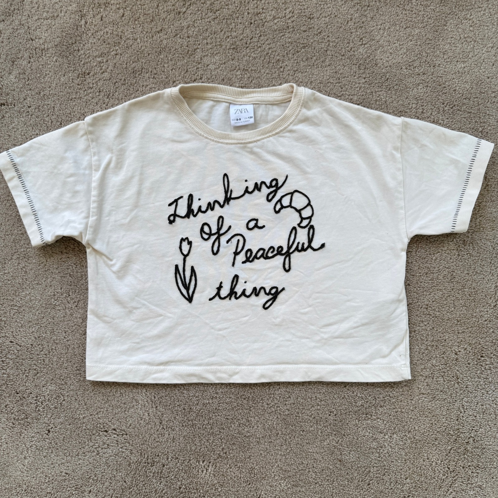 Zara Shirts & Tops | Zara Graphic T-Shirt Kids 8-9 Cream Good Peaceful Thing Embroidered Croissant | Color: Cream | Size: 8g