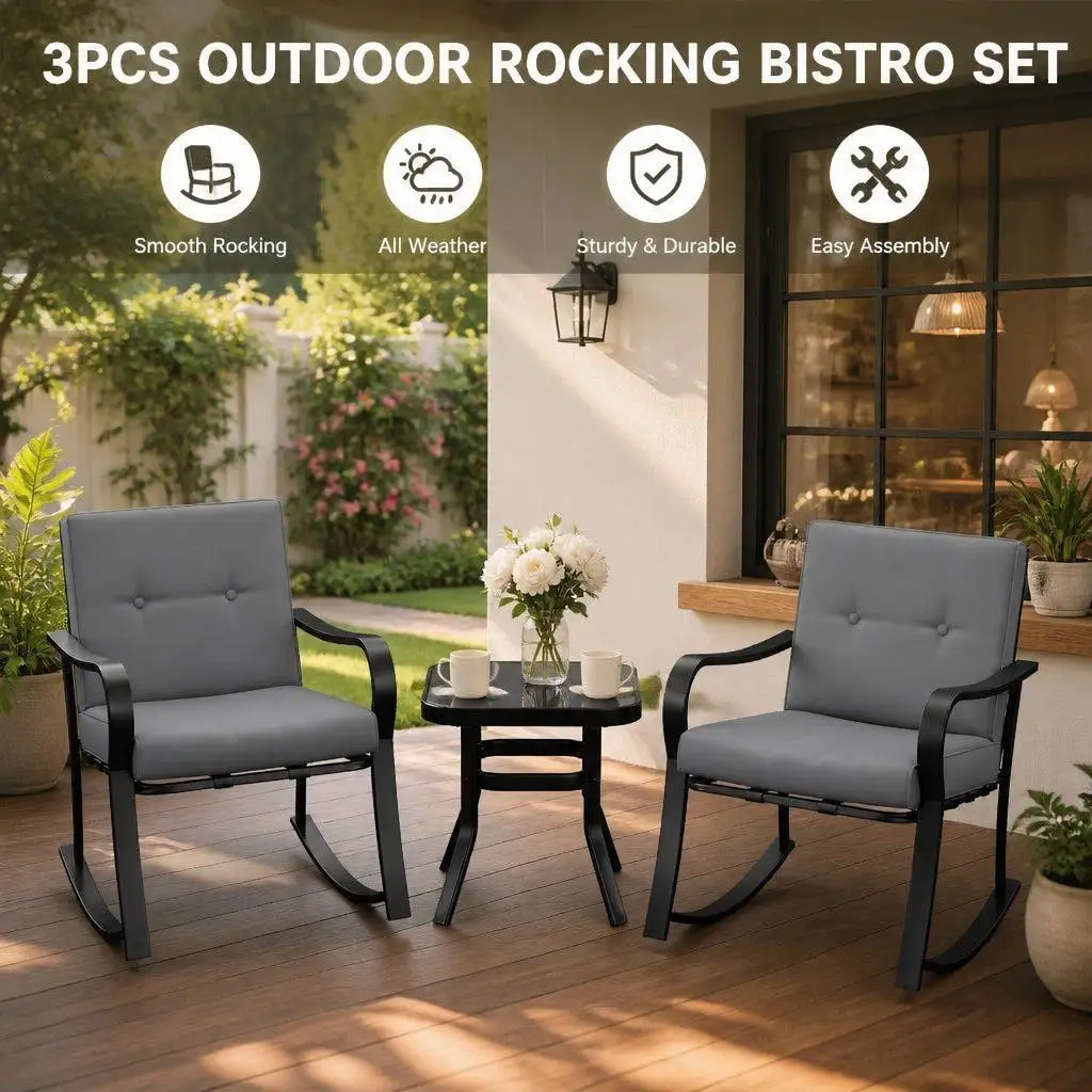 3-teiliges Gartenmöbel-Set für den Außenbereich – 2 Schaukelstühle mit warmgrauen Kissen und Glastisch – Ideal für Terrasse, Balkon, Pool, Patio