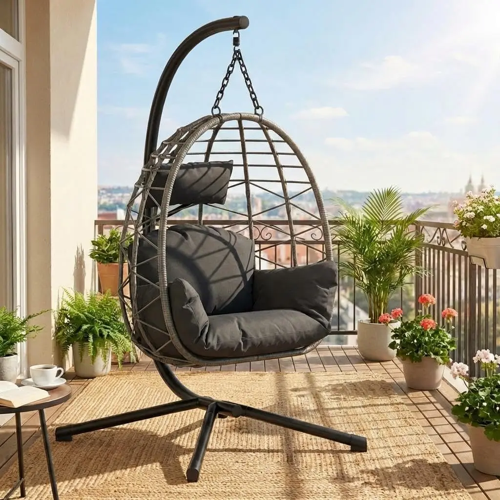 Hängesessel aus Rattan mit Metallgestell – klappbar, wetterfest, belastbar bis 150 kg, inkl. Schwarze Abdeckung – Outdoor & Indoor Ei-Schaukelstuhl für Garten, Balkon, Terrasse – Graues Rattan