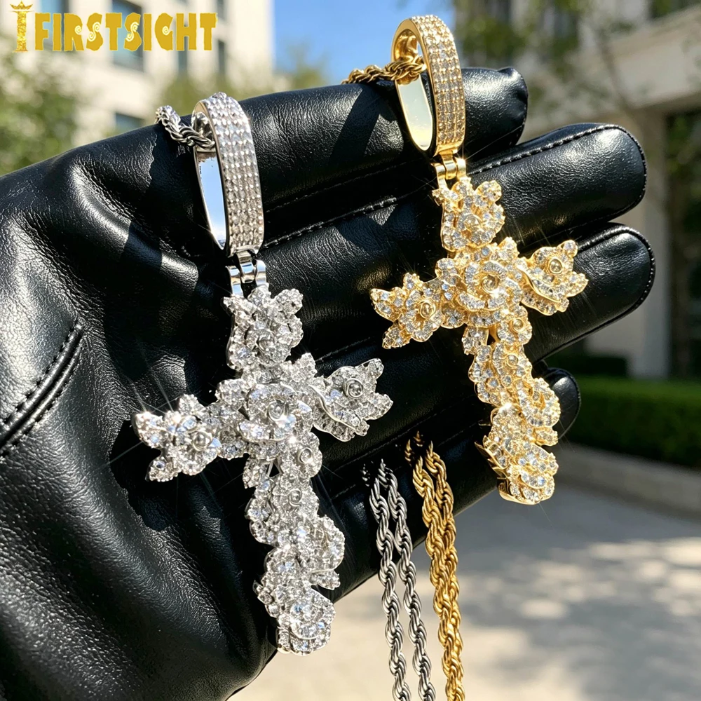 Neue vereiste bling Blume Kreuz Halskette für Frauen Männer Silber Farbe Zinken Einstellung Zirkonia Rose Charme Hip Hop Schmuck