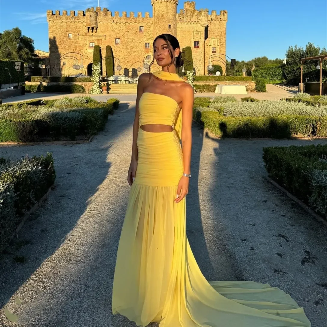 Customized Elegant Long Yellow Strapless Evening Dresses with Ribbon Mermaid Chiffon Sweep Train Prom Dress Party Dresses