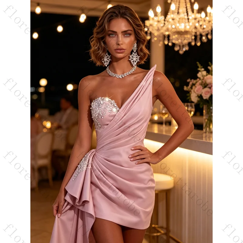 Customized Pink One Shoulder Sleeveless Short Dress Rhinestone Pleated Satin Mini Dress for Women Homecoming Prom Cocktail Party