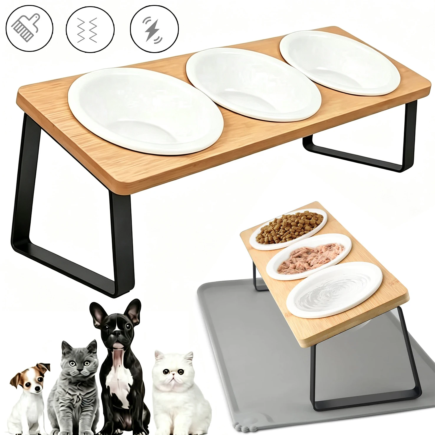 Bols surélevés en céramique pour chats, plats surélevés pour chiots, pour nourriture et eau, support en bois incliné et tapis pour nourriture, pour chats d'intérieur, nourriture sèche, nourriture