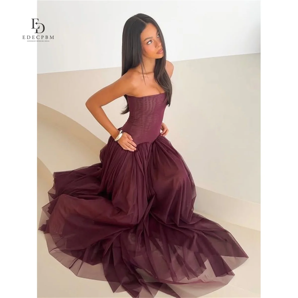 EDECPBM Strapless Burgundy Ball Gown Princess Prom Dress Elegant Silhouette Textured Bodice Flowing Skirt 2026 Ruched Customized