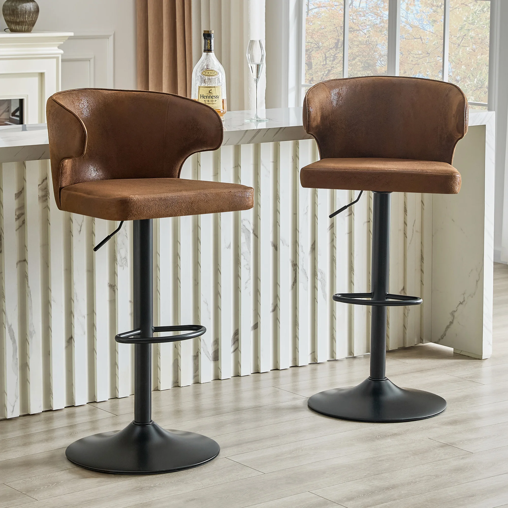 2er Set Barhocker mit Lehne Höhenverstellbar, 360° Drehbar Barstuhl mit Großem Sockel & Fußstütze, Modern Küchenhocker für Bar Küche Theke (Nur Stühle)