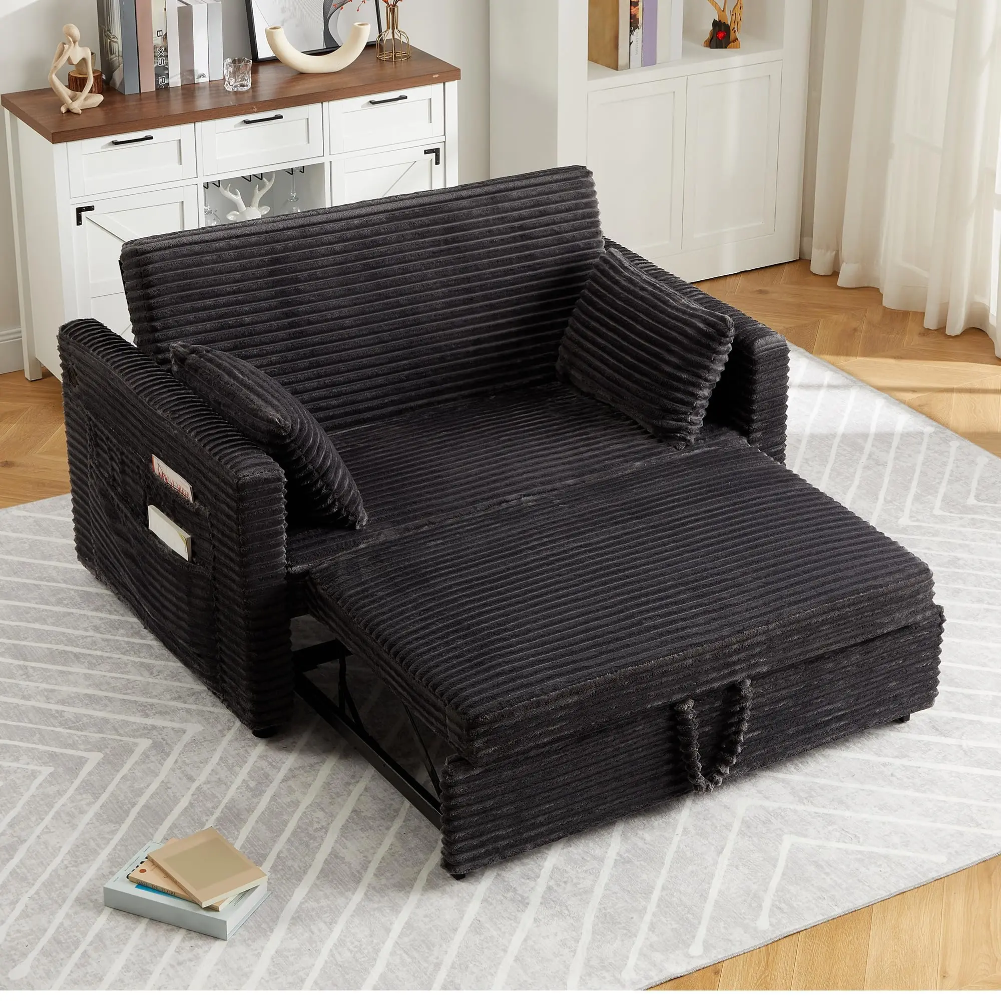 Schlafsofa 3-in-1 Schlafcouch 2-Sitzer Schlafsofa-Sessel 4-stufig Verstellbare Rückenlehne Klappsofa, Schlafstuhl Sessel Kissen & Seitentasche Sofa Couch