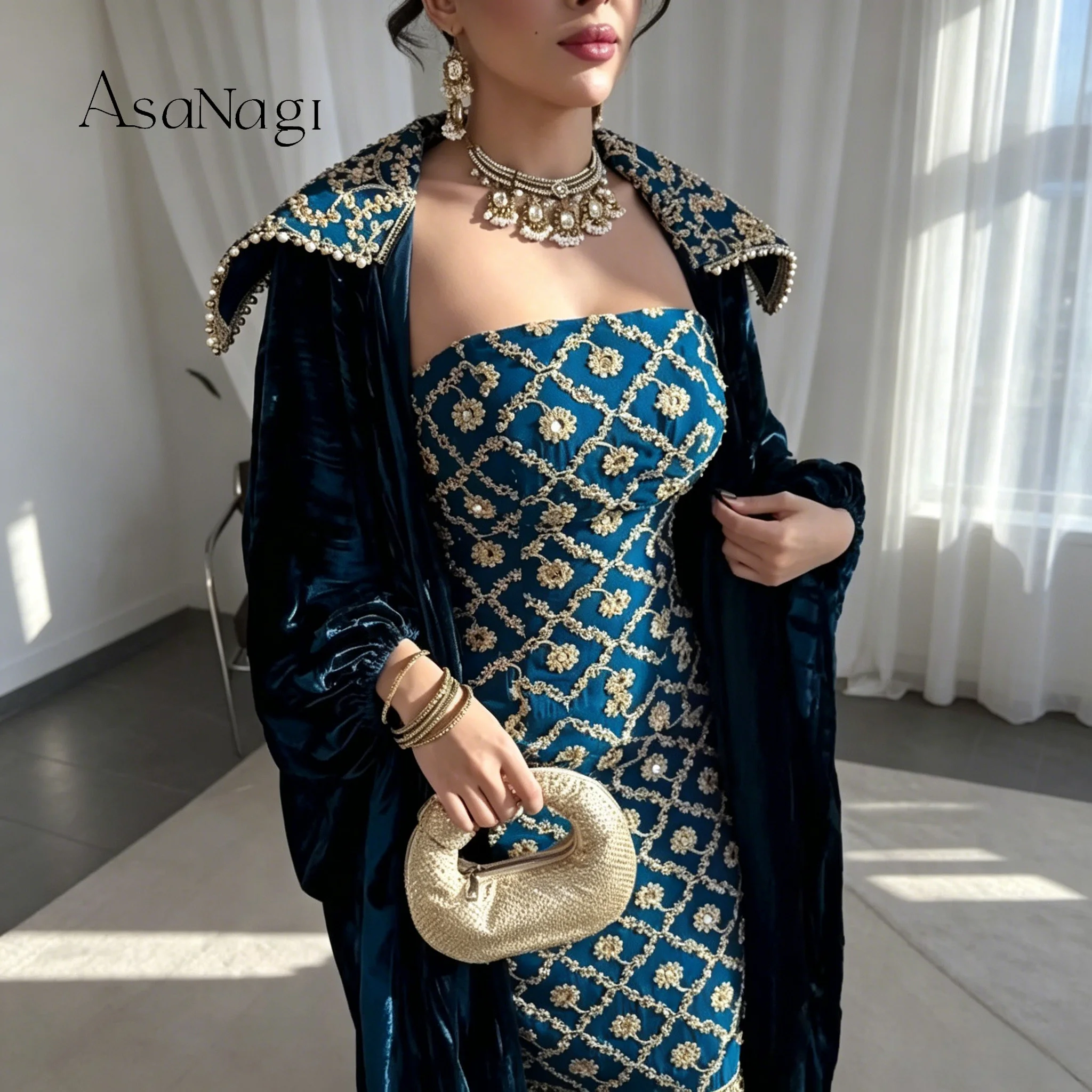 Luxury Velvet Moroccan Kaftan Abaya Women Gold Embroidered Strapless Maxi Dress Wedding Guest Evening Formal Party Gown