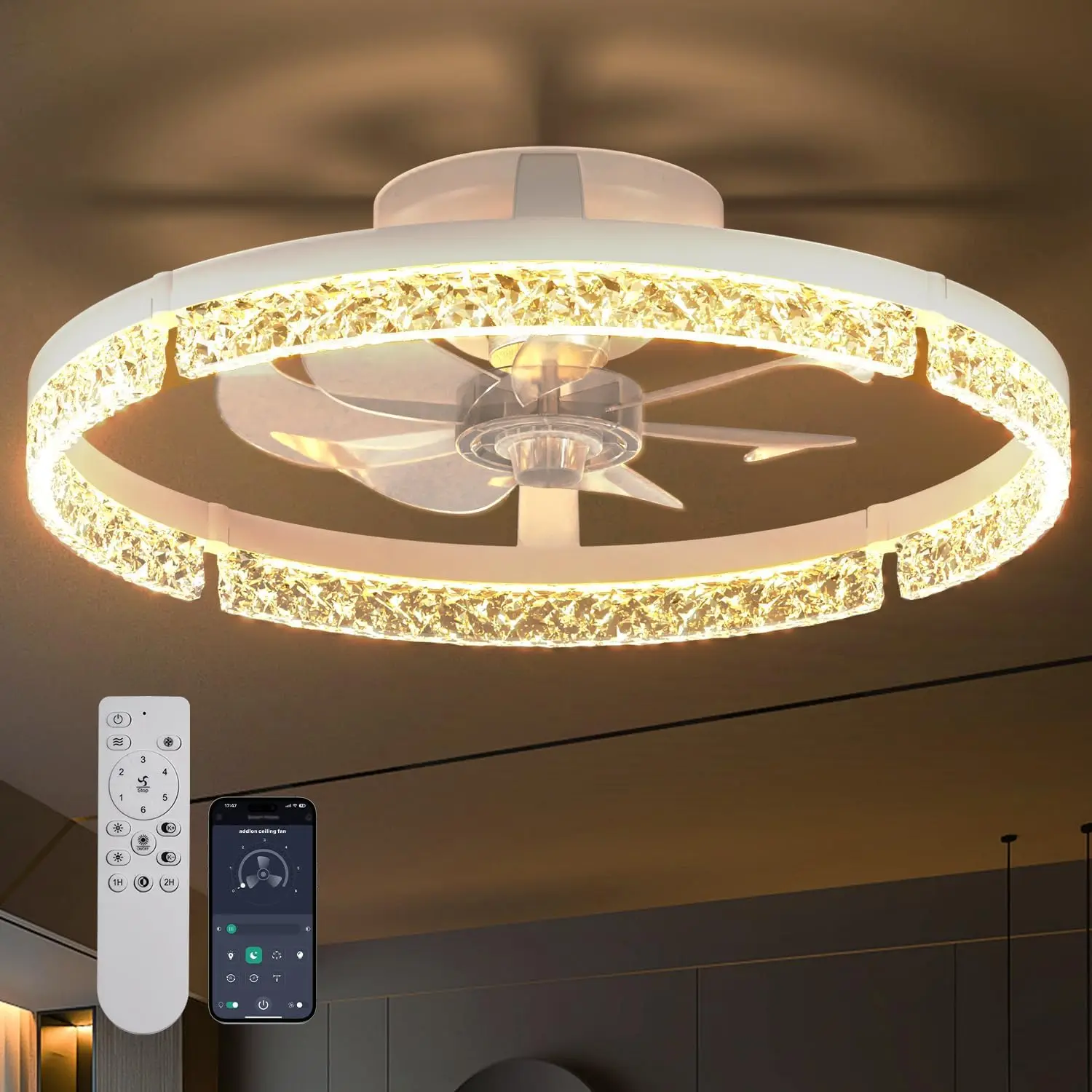 Deckenventilatoren mit Beleuchtung und Fernbedienung, 20'' Flache Deckenventilatoren, 3000-6000K Dimmbare Moderne LED-Ventilatorleuchte, Fandelier Deckenventilator für Schlafzimmer, Küche, Wohnzimmer