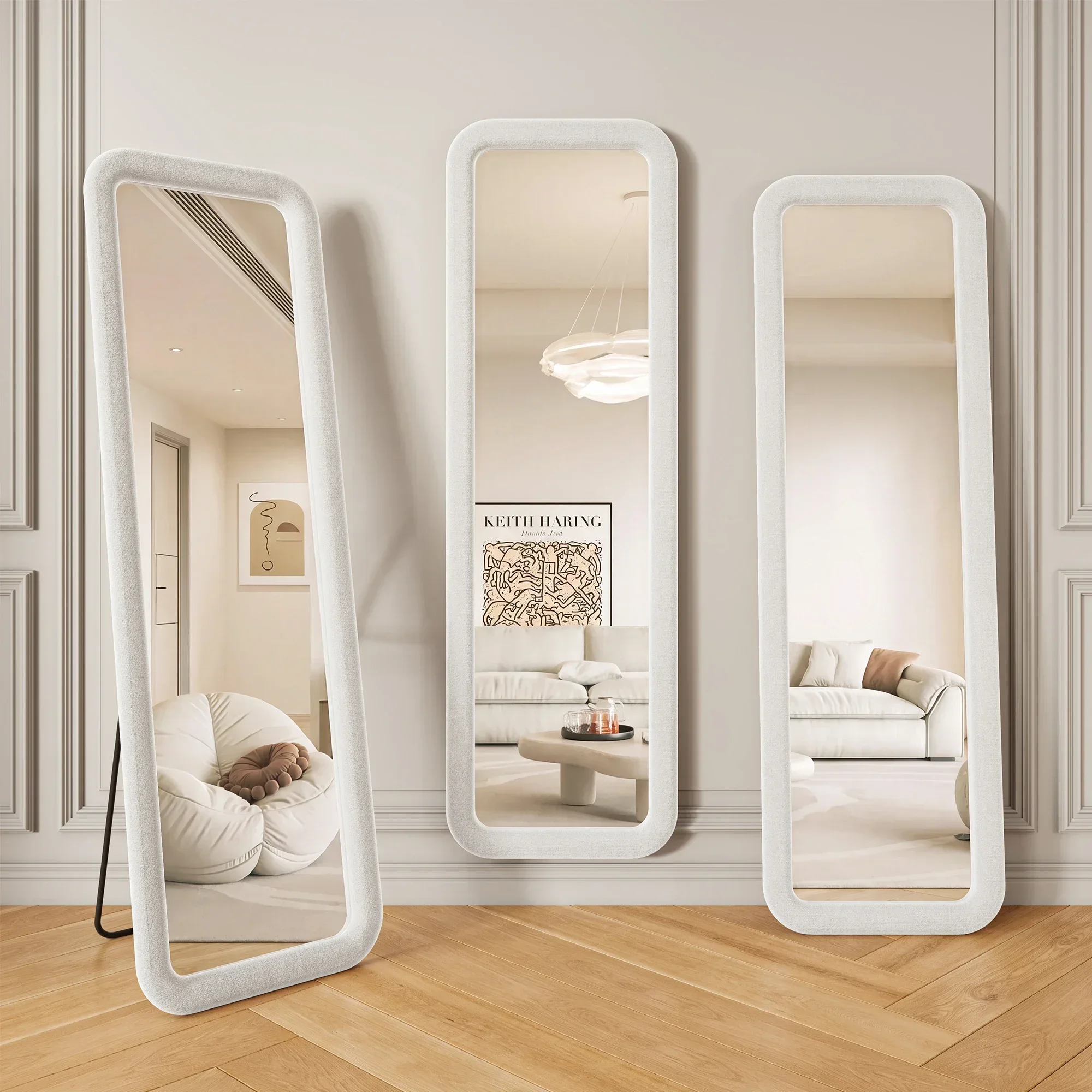 Rosahqnda Ganzkörperspiegel, 160×50cm Rechteckiger Standspiegel mit abgerundeten Ecken, Holzrahmenständer, französischer romantischer Standspiegel für Schlafzimmer, Ankleidezimmer, Wohnzimmer, Wellen-, Rechteck- und unregelmäßige Formen, Weiß / Rosa...