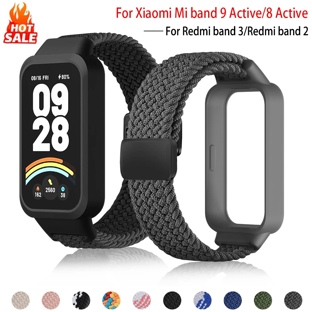 Magnetisches Geflochtenes Uhrenarmband mit Hülle für Xiaomi Mi Band 9 8 Active Sport Nylon-Schlaufenabdeckung Correa für Redmi 3 2 Zubehör