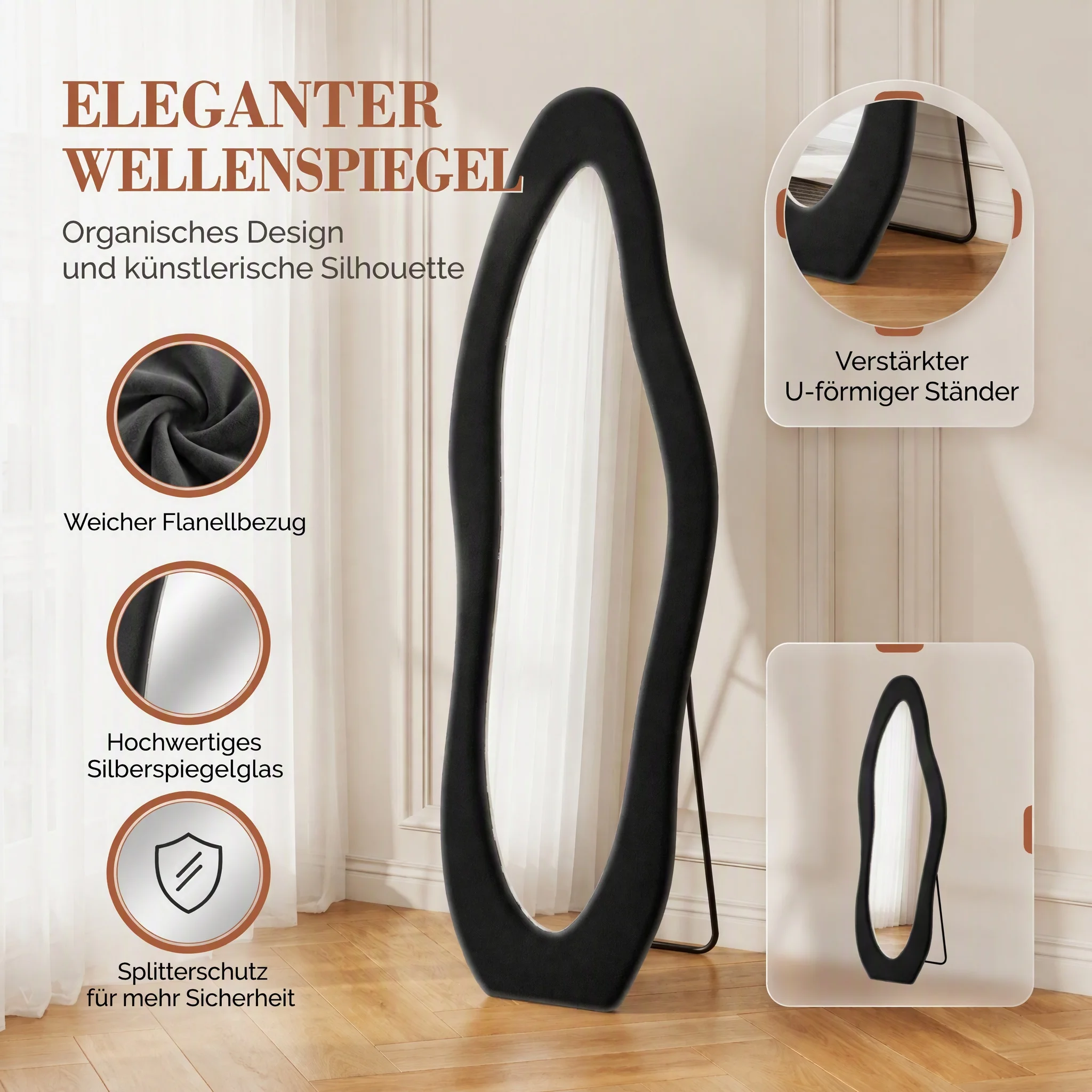Anajqaqia 160×50cm Wolkenförmiger Ganzkörper-Standspiegel, Ankleidespiegel mit schwarzem Samtkantenbezug, hochauflösende, verzerrungsfreie Spiegeloberfläche, doppelter Verwendungszweck: freistehend