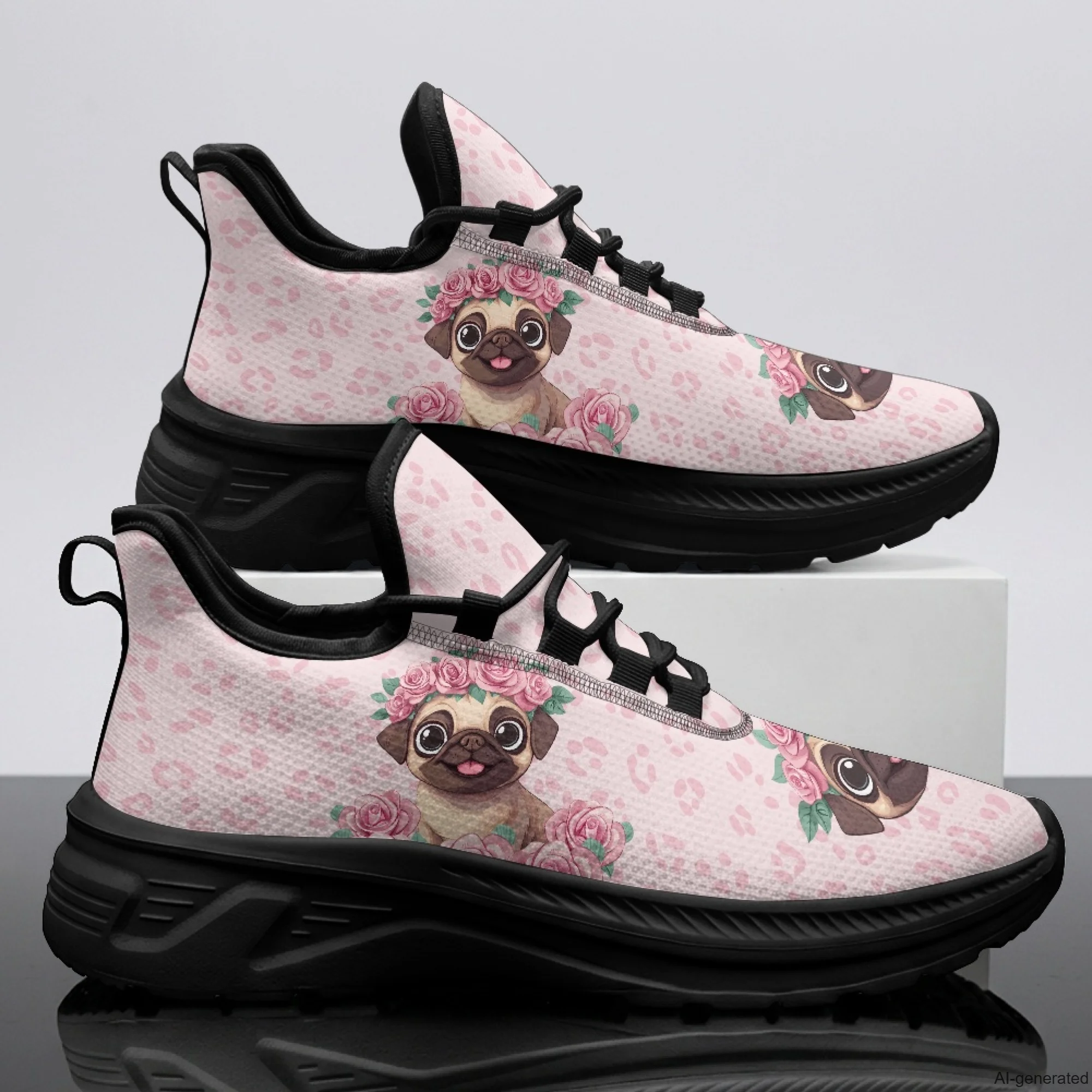 XIXIRIMIDO Damen-Wanderschuhe, niedlicher Mops-Print, Fußball-Sneaker, Herren-Sportschuhe, lässige modische Schuhe, Turnschuhe, Größe 35–48