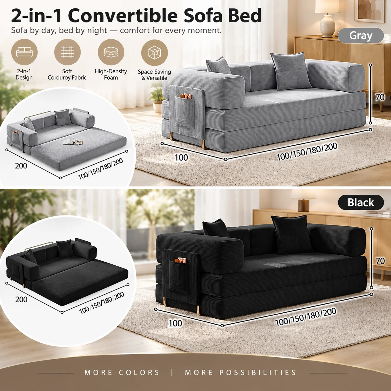 1,8 m/2 m Futon-Sofa-Bett, Sofa ohne Rahmen für das Wohnzimmer, Cord-Sofa-Bett mit Stauraum, modulares Schlafsofa in einer Box, Sofa-Bett ohne Montage.