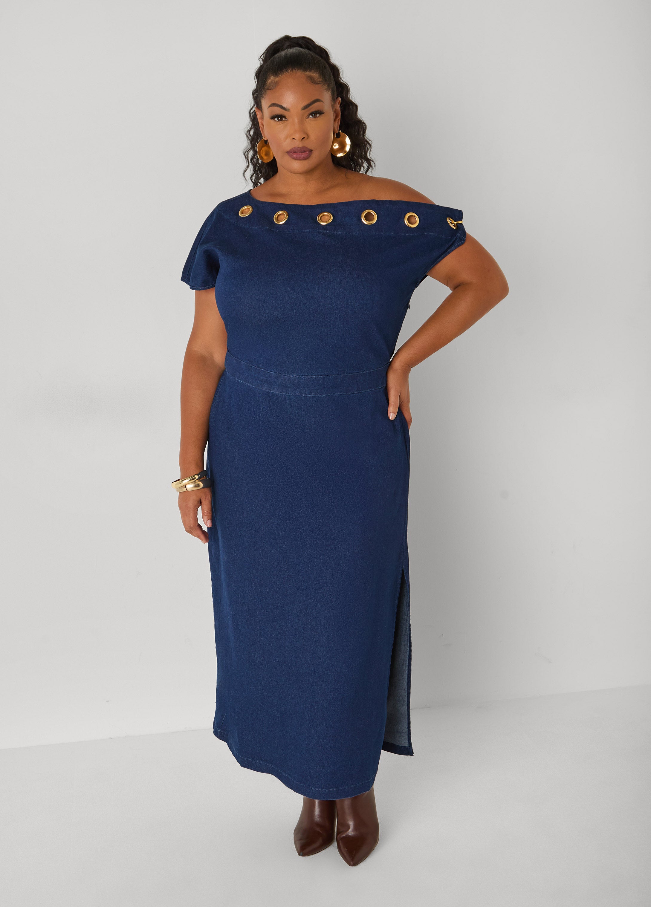 Plus Size One Shoulder Grommet Maxi Dress - Ashley Stewart