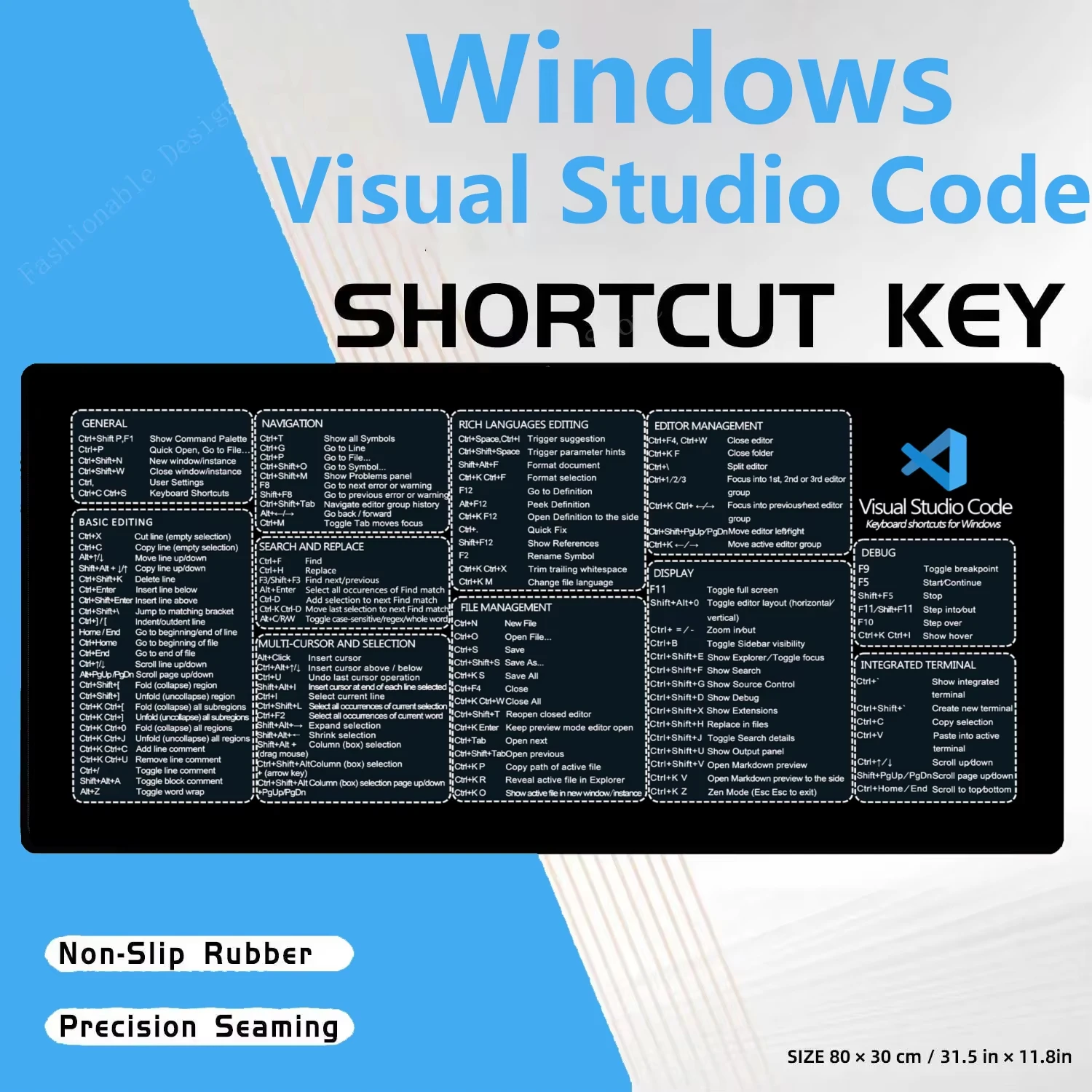 Windows Mouse Pad Desk Mat For Visual Studio Code Keyboard Shortcuts Cheat Sheet Software Web AI Engineer Mousepad Office Users