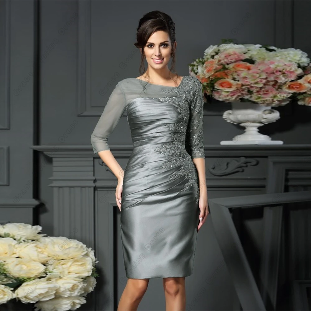 Silver Scoop Mother of Bride Dresses for Women 2025 Knee Length Three Quarter Wedding Party Dresses with Lace Robe De Soirée