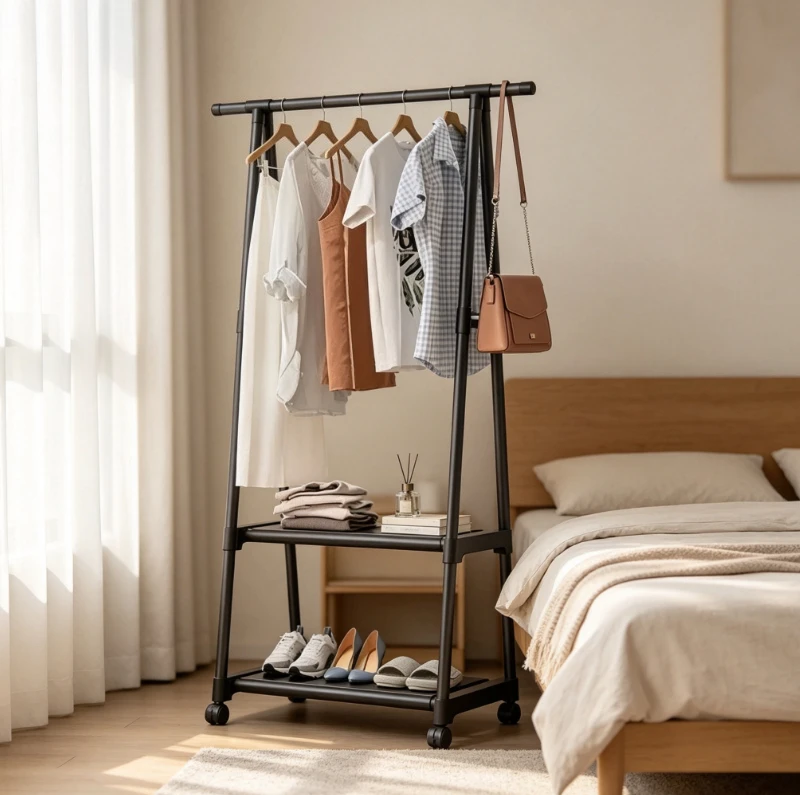 Simple Floor‑Standing Clothes Drying Rack with Wheels, Multifunctional Storage Garment Organizer, Practical Hanging Clothes Rack