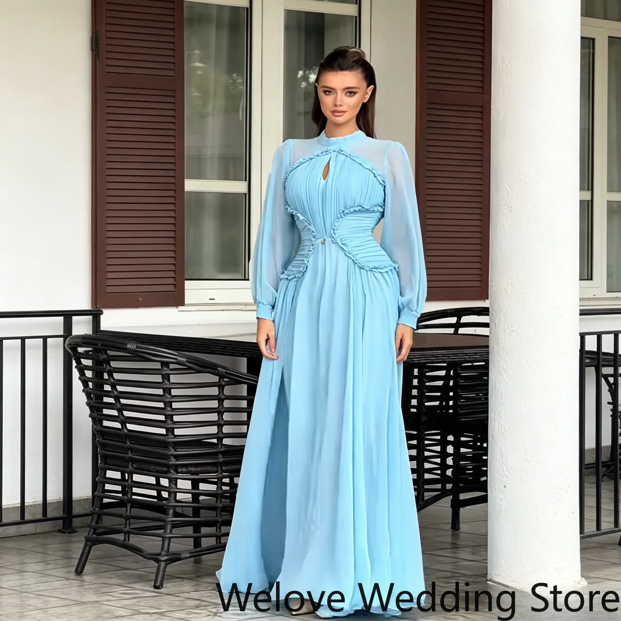 Customized Light Blue High Neck Chiffon Evening Dress Sheer Lantern Long Sleeve Front Cutout Ruched Waist A Line Flowy Formal