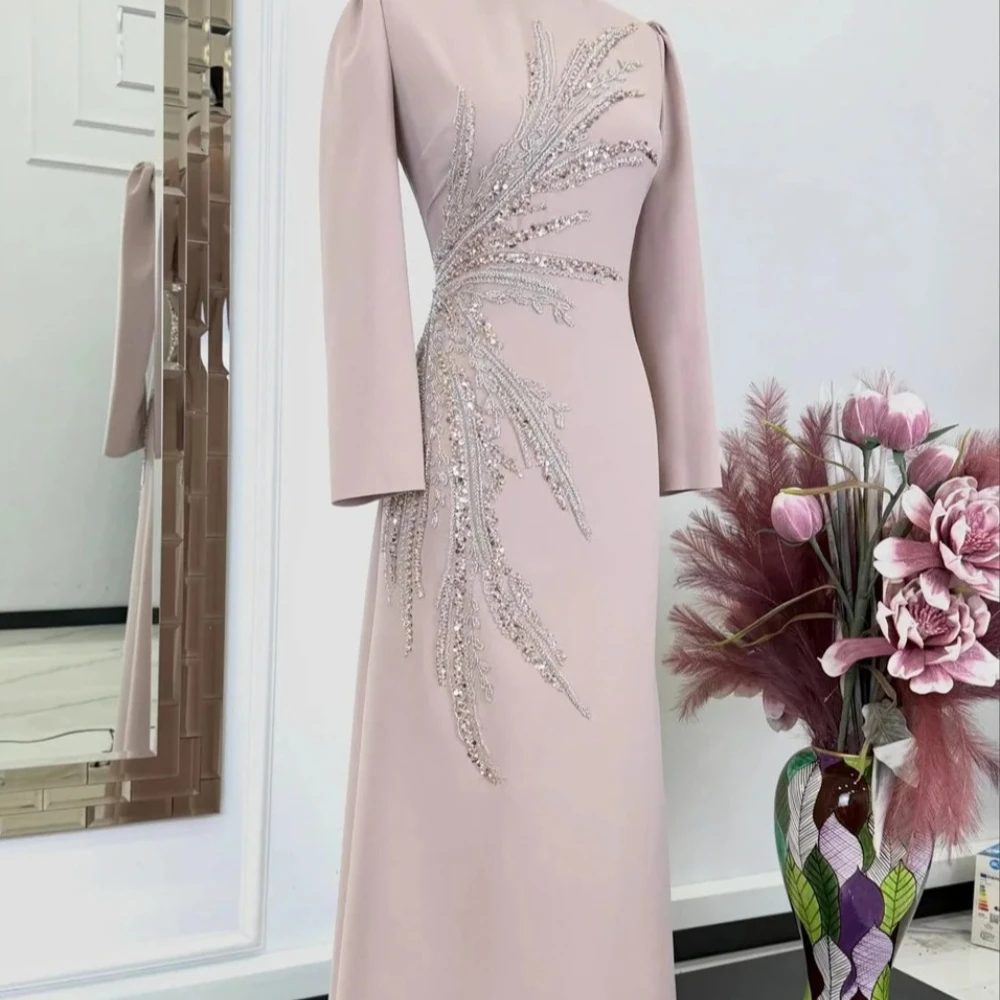 Customized Pink Intricate Modest Beading Sequined Applique Straight High Collar Long Dresses Evening Dresses For Birthday Party
