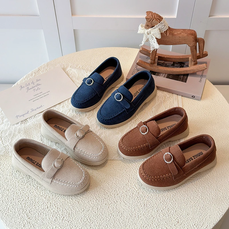Kinder-Loafer aus Wildleder für Jungen und Mädchen, Slipper mit runder Metallschnalle, weiche Sohle, rutschfeste Mokassin-Schuhe für Kinder, Größe 21–35