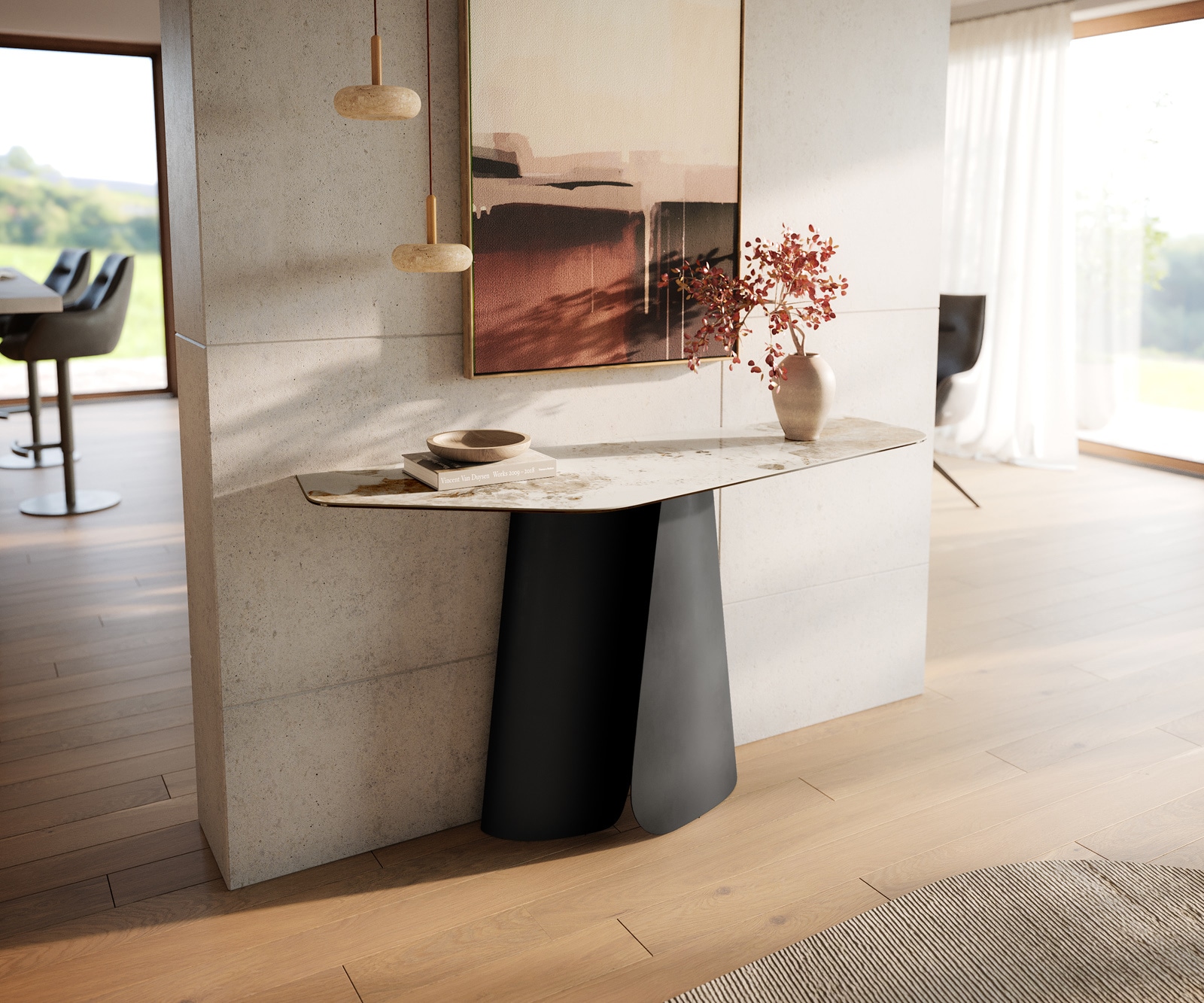 DELIFE Konsolentisch Edge Polygonal 140x50 cm Keramik Minas Melange Weiß-Beige Livos Metall Schwarz, Konsolentische