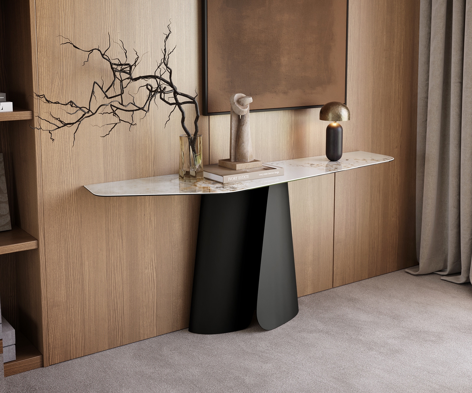 DELIFE Konsolentisch Edge Polygonal 180x50 cm Keramik Minas Melange Weiß-Beige Livos Metall Schwarz, Konsolentische