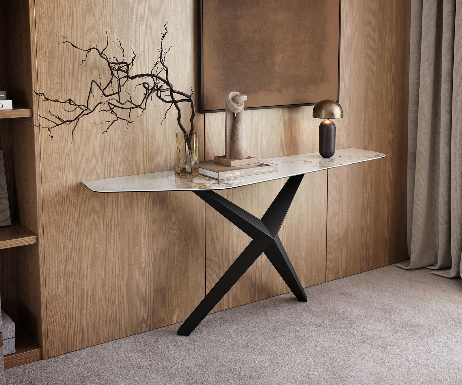 DELIFE Konsolentisch Edge Polygonal 180x50 cm Keramik Minas Melange Weiß-Beige Zentharo Metall Schwarz, Konsolentische