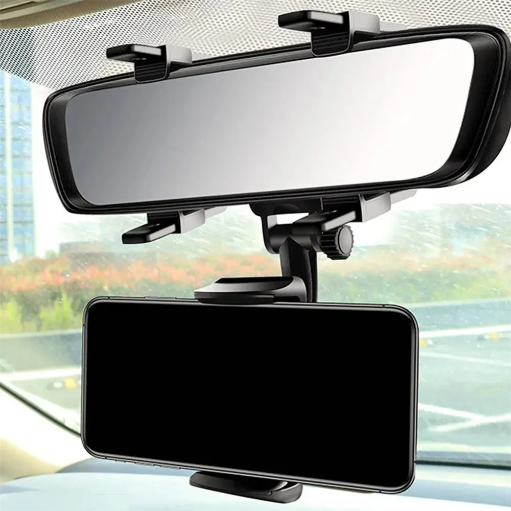 Car Rearview Mirror Phone Holder Car Phone Bracket Navigation GPS Stand Foldable Adjustment Car Cell Phone Support Free Rotation