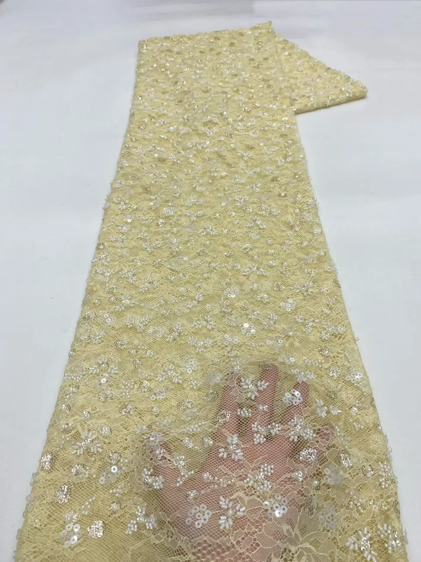 Yellow Luxury African Handmade Heavy Beaded Sequin Lace Fabric 5 Yards Luxurious French Tulle Lace Fabric for Party Dresses