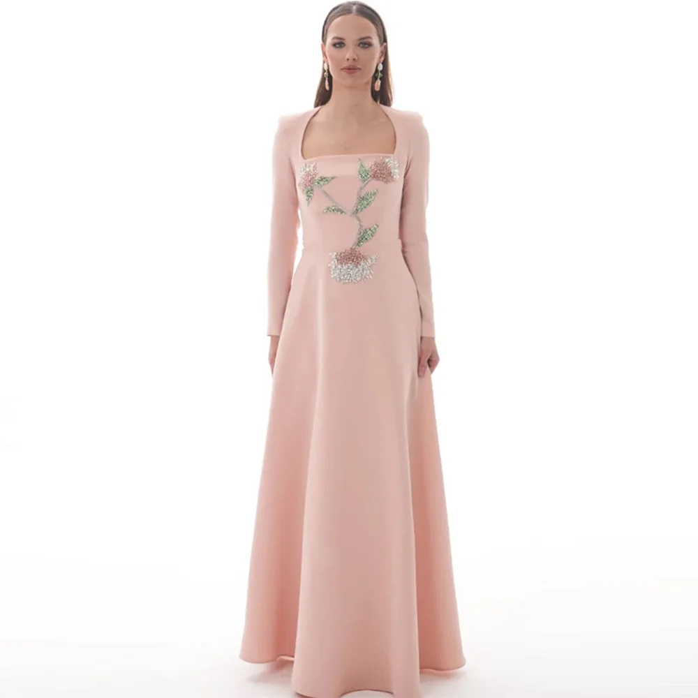 Pink Square Collar A-Line Evening Dress Customized Temperament Long Sleeves Celebrity Gowns Elegant Beading Homecoming Dress