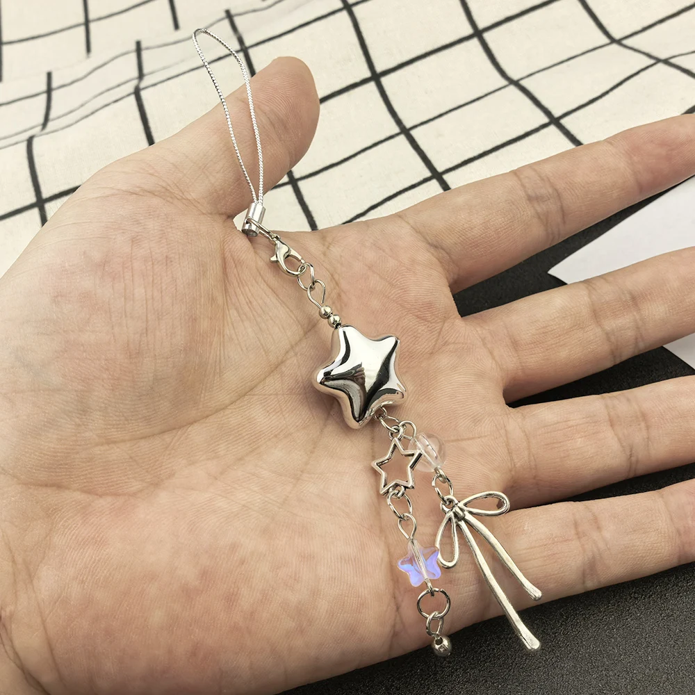 Y2K Style Metal Silver Star Bow Pendant Phone Cellphone Lanyard Keychain for Phone Charm Strap Sweet Cool Girl Backpack Decor