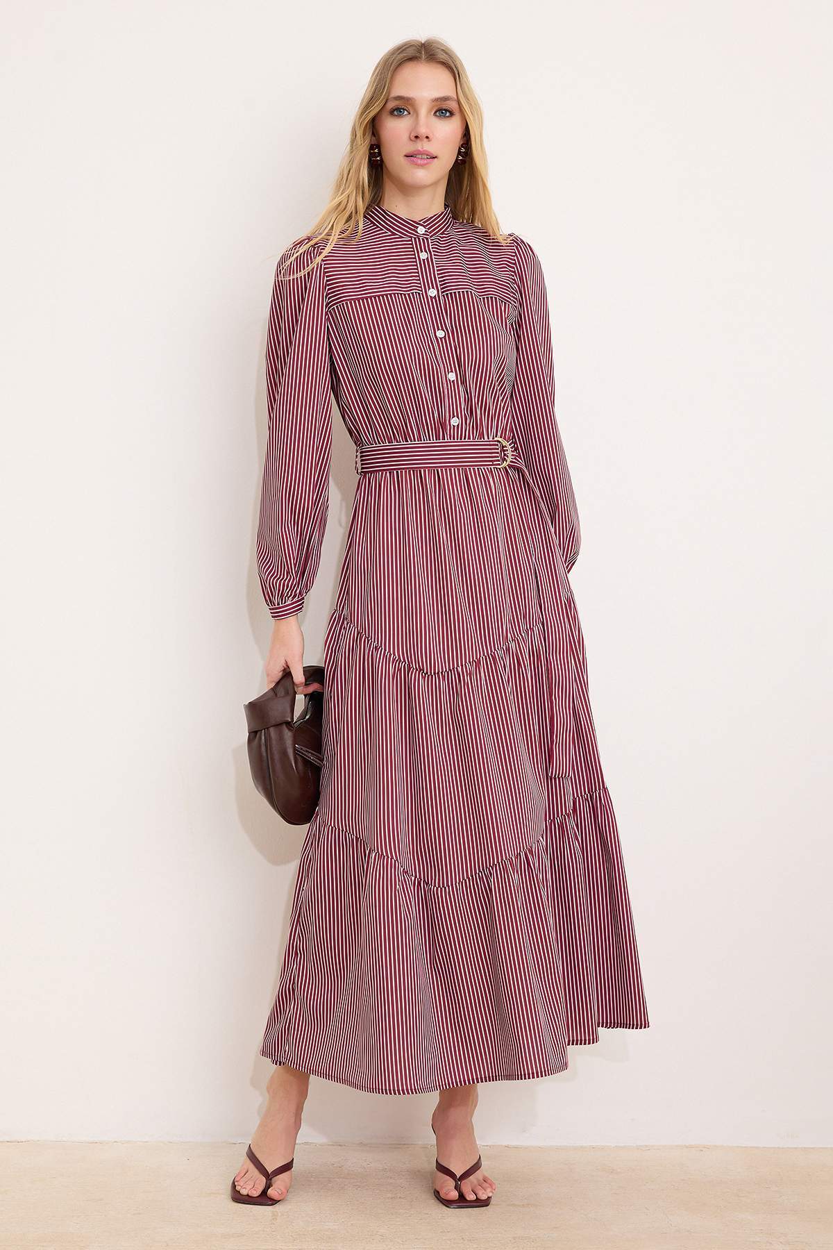 Turkishsouq Gestreiftes Maxikleid, lang, A-Linie, Hijab-Stil - Rosa
