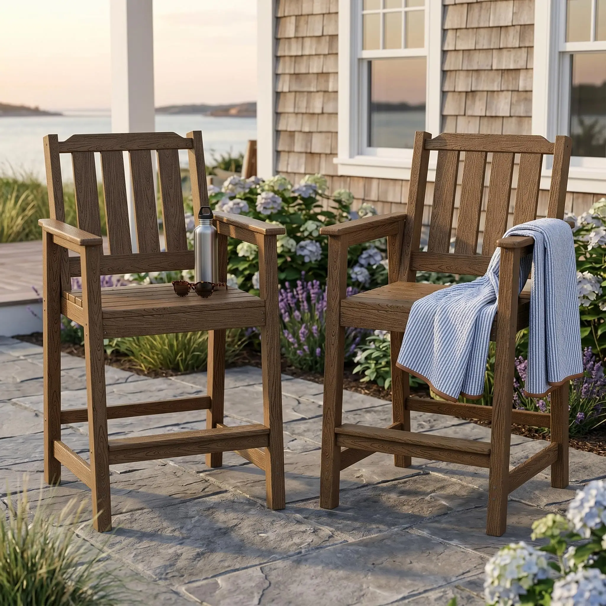 Wetterfeste HDPE-Barhocker für den Außenbereich, 2er-Set, hohe Adirondack-Stühle mit Armlehnen und breiter Sitzfläche/Rückenlehne, wasserdichte Bar-Möbel für Balkon, Garten und Poolbereich, Schwarz (2