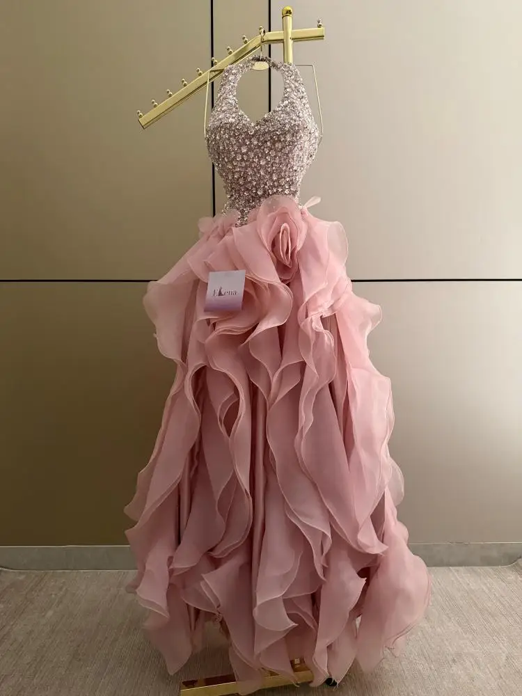 Customized Halter Neck Beaded Crystal Prom Gown 3D Floral Ruffled Organza Evening Dress Flower Ball Gown Birthday Party Gown