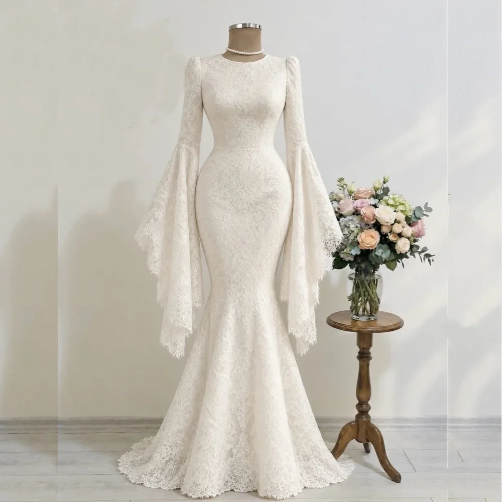 Customized High Quality Lace Long Sleeves Wedding Gowns O-Neck Temperament Mermaid Floor-length Exquisite