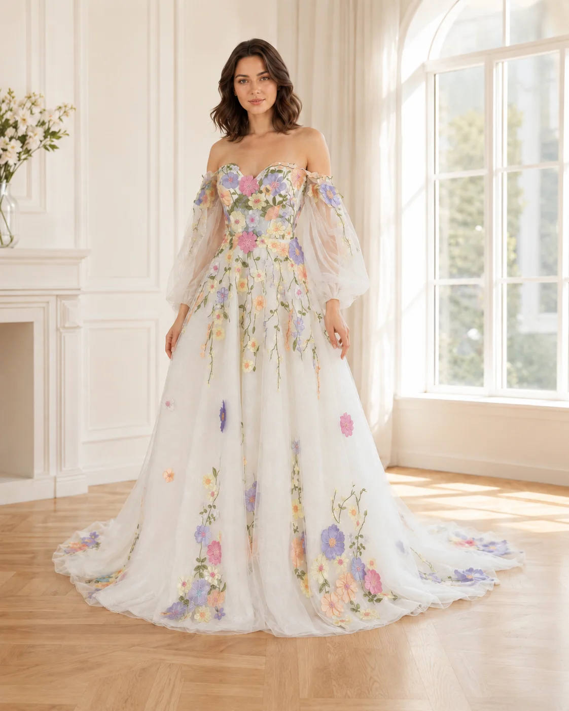 Aileen Tulle Off The Shoulder White Ball Gown Princess Prom Dress Romantic Off-Shoulder Sweetheart Long Embroidery Customized