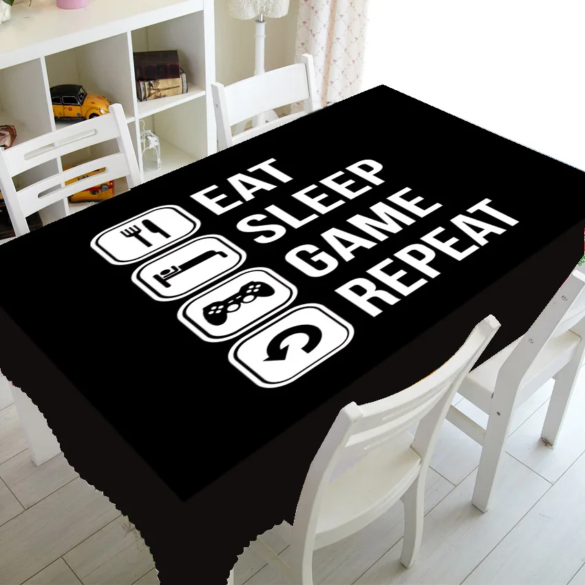 Black White Video Games Controller Home Decor Eat Sleep Game Repeat Gaming Tablecloth Table Cloth Cover Waterproof Kitchen Gift