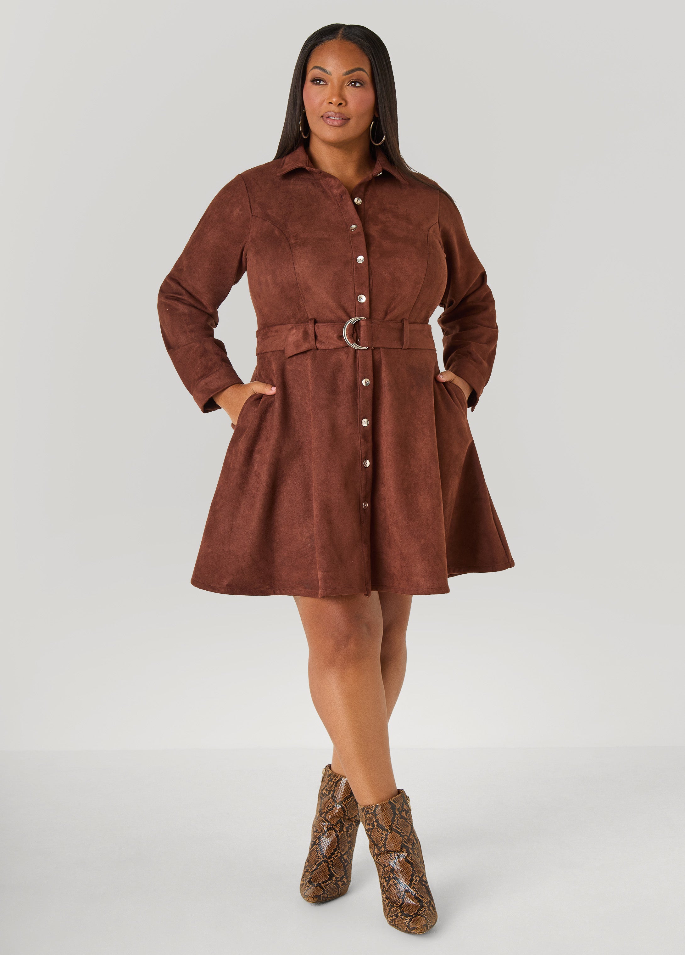 Plus Size Faux Suede A Line Shirtdress