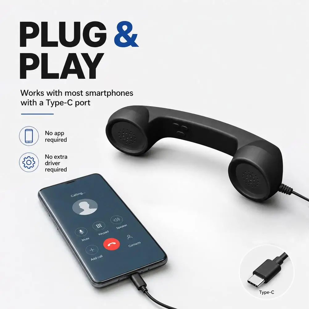 Retro Telephone Handset Type-C Mobile Phone Handset Classic Mobile Phone Receiver Mic Speaker Headphone For IPhone Cellphone